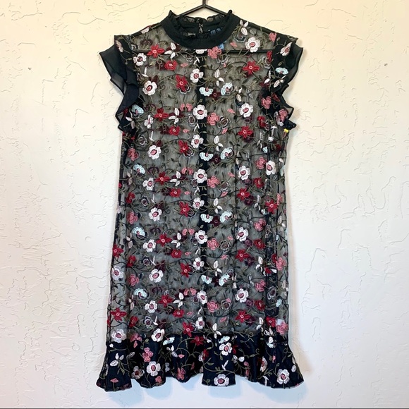 CeCe black sheer embroidered floral mini dress - Picture 4 of 11